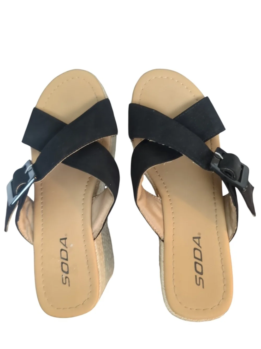 Soda Black Espadrille Platform Wedge Slide Sandals Sz 7.5 CrissCross Buckle Boho